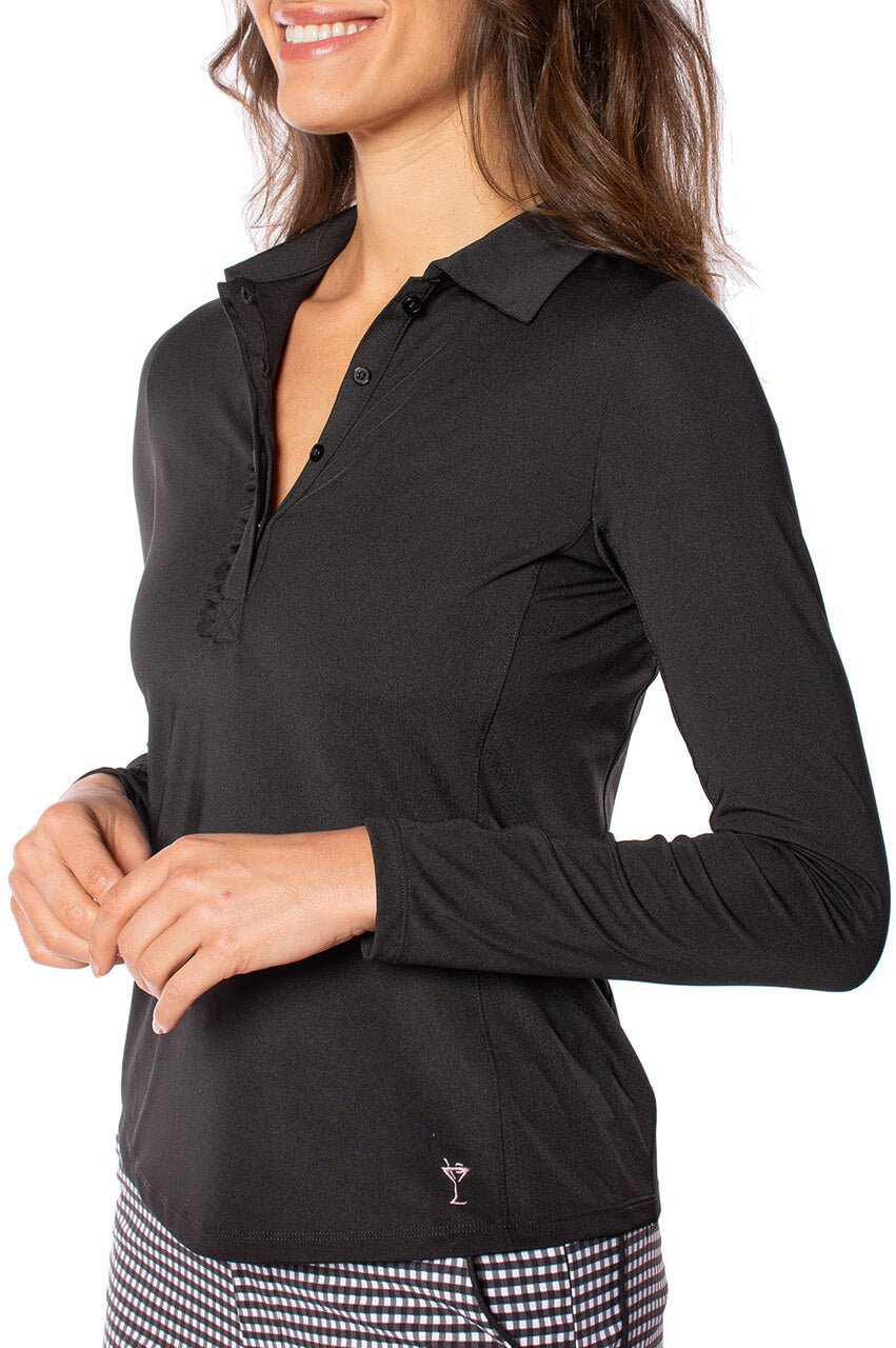 Black Long Sleeve Ruffle Polo - GolftiniTops