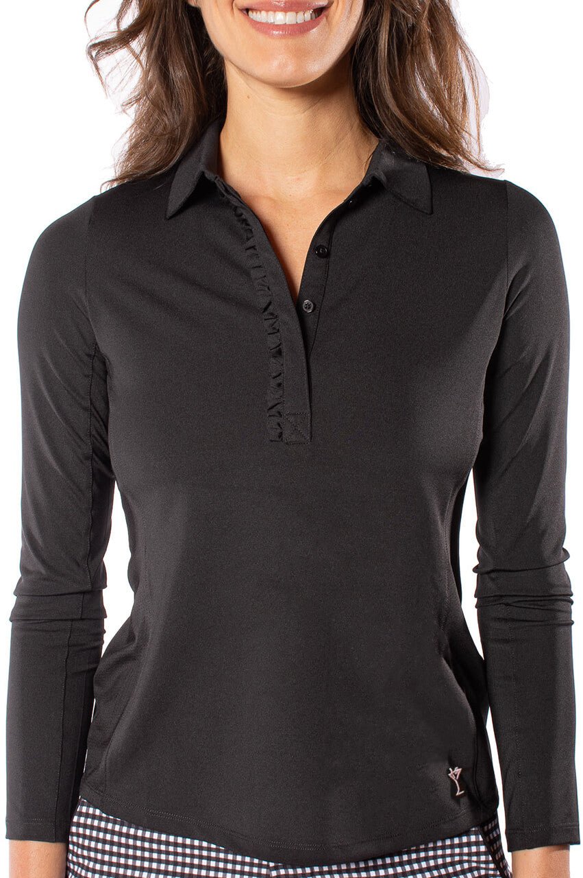 Black Long Sleeve Ruffle Polo - GolftiniTops